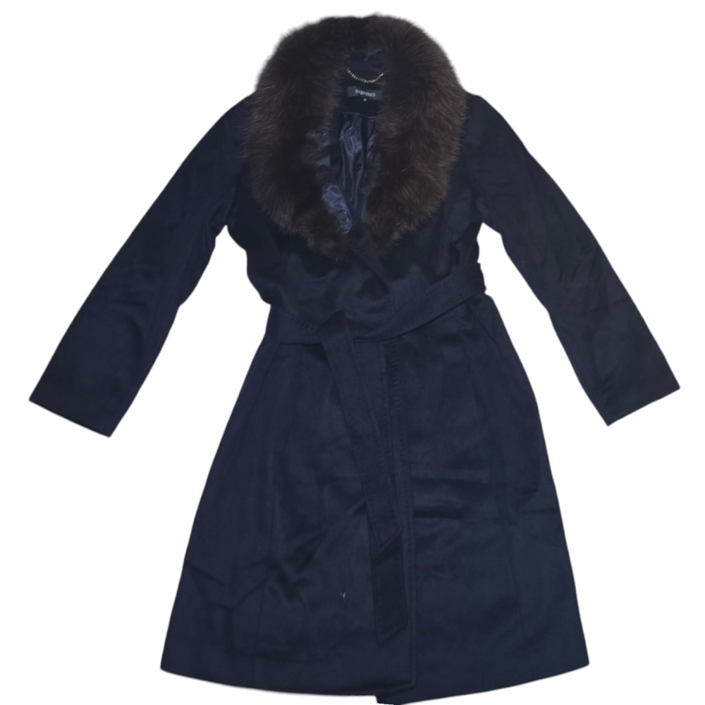 Women's Ellen Tracy Wool Coat, Size 14, Navy Faux Fur, Long, Belt
